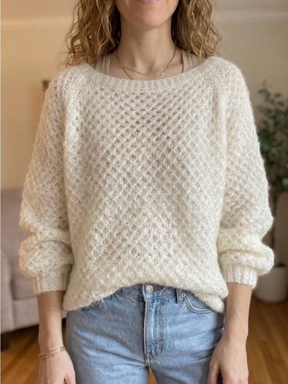 Scandal Italy  Open-Knit Cream Scoop Neck Sweater